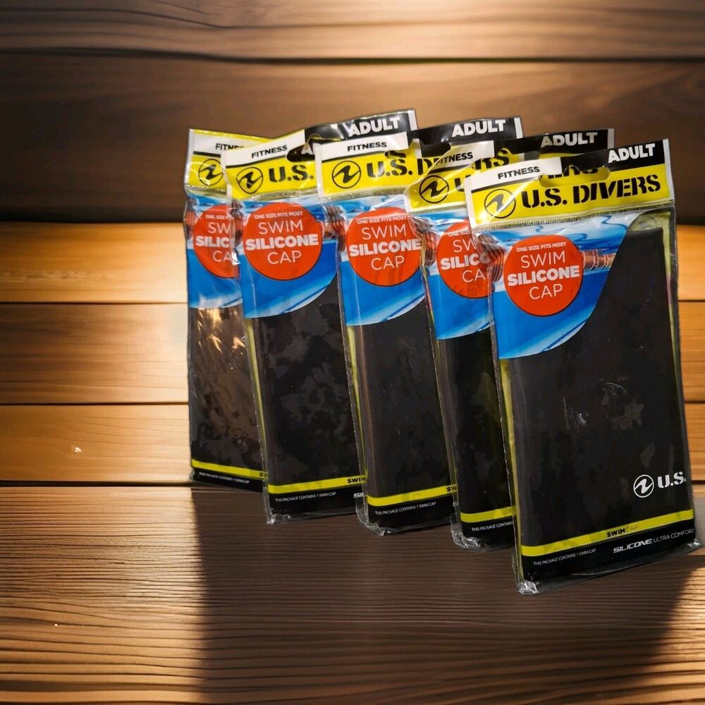 US Divers Adult Silicone Swim Caps Black Waterproof One Size Fits Most Lot of 5